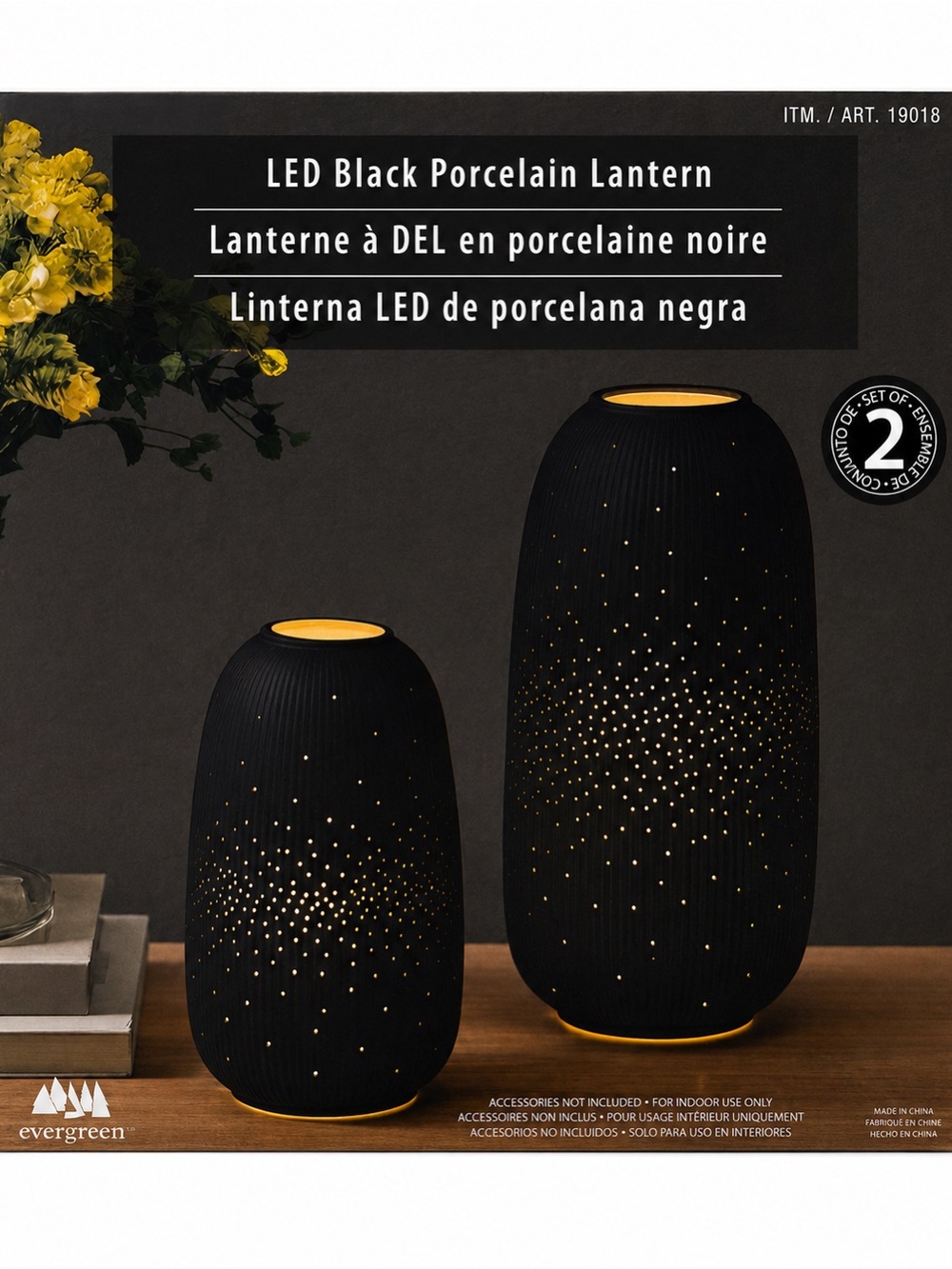 Evergreen Black Porcelain LED Lanterns — Set of 2